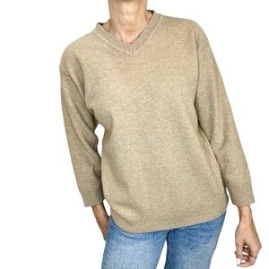 Syrian made tan v neck minimalist neutral preppy old money pullover sweater